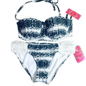 NWT Snakeskin Print & Macrame' Lace Bikini Candies S/XS Bohemian Cruise Vacation